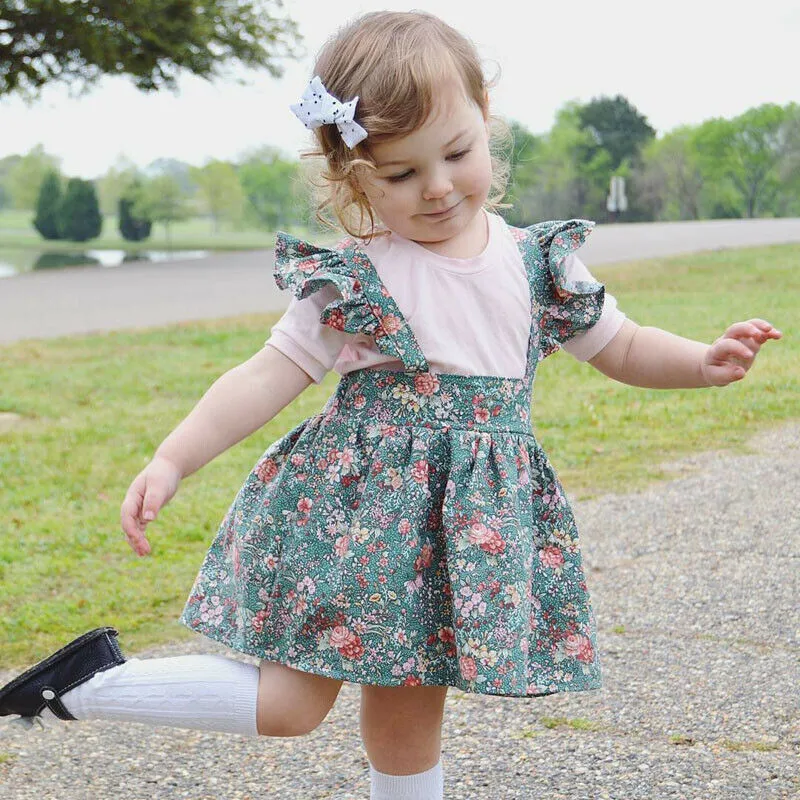 

Cute Kids Baby Girls clothes Floral print Button strap Skirts round neck solid short sleeve Bodysuit 2pc Toddler cotton Outfits
