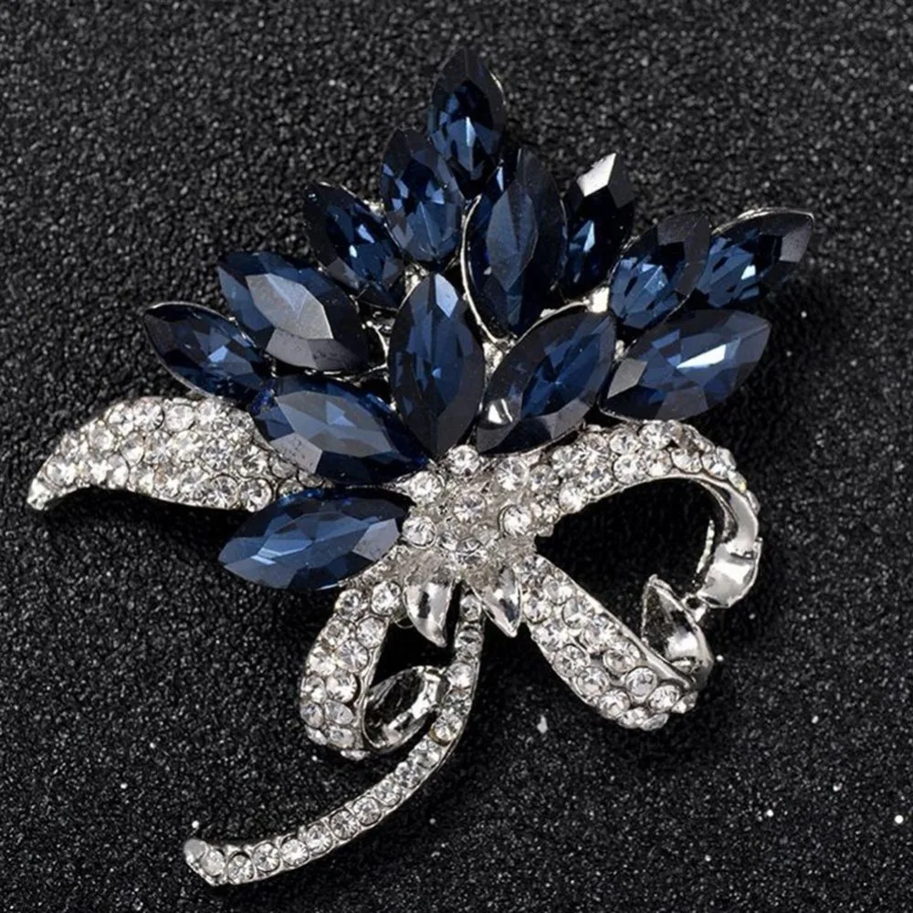 Роскошный Полный Хрустальный цветок броши для женщин Свадебная вечеринка корсажи украшения Bijoux серебряный цвет синий стразы брошь булавки