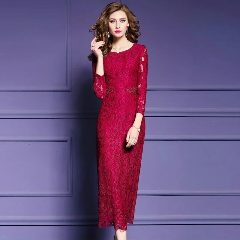 

Vintage lady long dress red 2018 Spring Clothes fashion women elegant Lace Dress plus size S XXXL casual dresses Free shipping