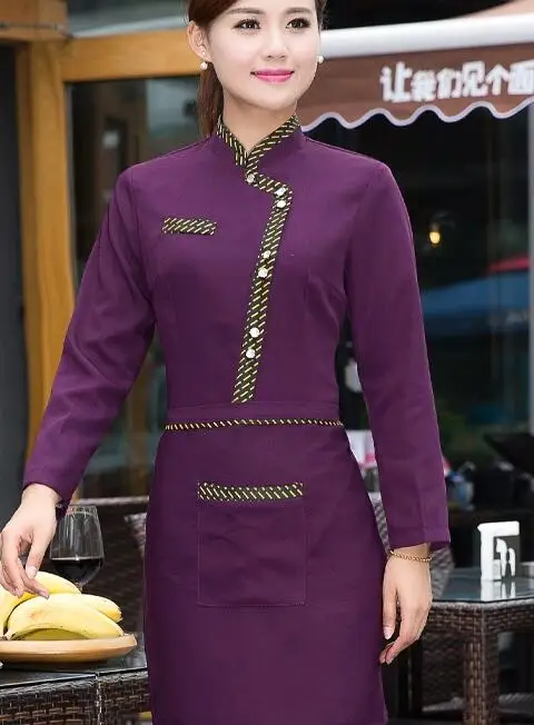Отель Ресторан Кафе официант Услуги с длинным рукавом Ресторан быстрого питания осень-зима Для женщин Для мужчин униформа официанта Кухня рабочие - Цвет: Purple Women
