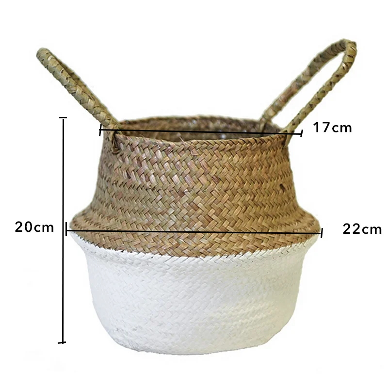 Garden Plant Flower Pot Handmade Rattan Storage Basket Foldable Seagrass Straw Hanging Woven Handle Toy Storage Container 1Pc