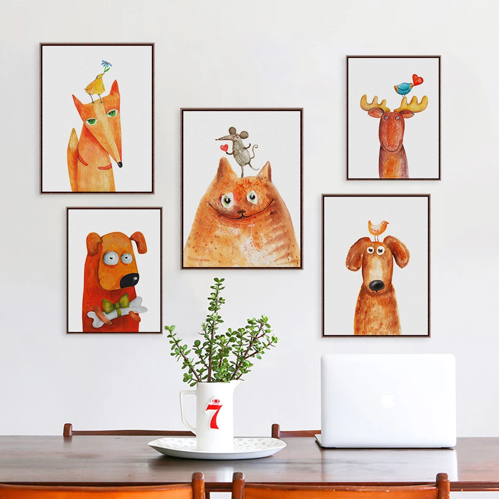Kawaii Animal Deer Cat Dog Large Canvas Art Print Poster No Frame Wall Picture Kids Baby Room Modern Nordic Home Decor Paintings | Дом и сад