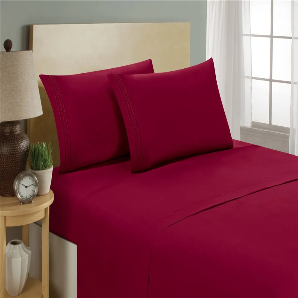 

Bedding Set Fitted sheet Flat sheet Pillowcase 3/4pcs 1800 Count Deep Pocket Stain -Resistant Hypoallergenic Sky Red wine Colour