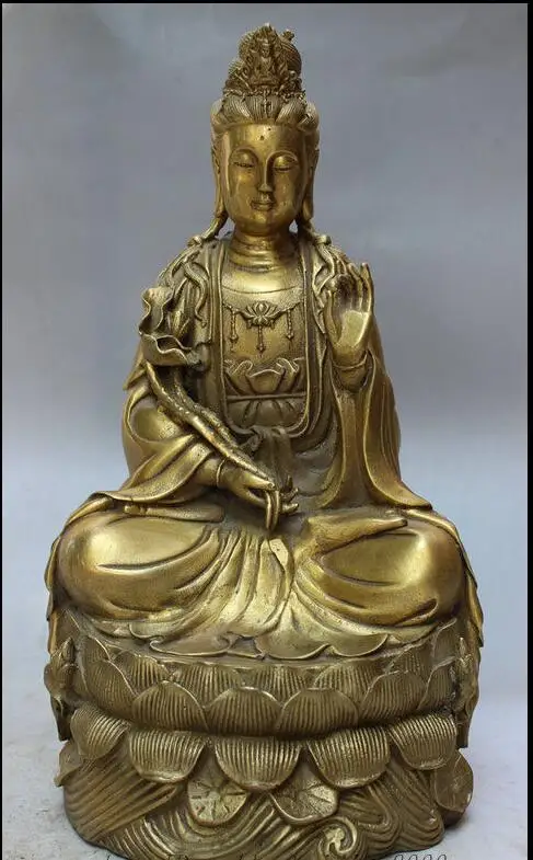 

Free Shipping fafa8800136<<11" Chinese Brass Lotus Kwan-yin Bodhisattva Goddess Joss GuanYin Statue