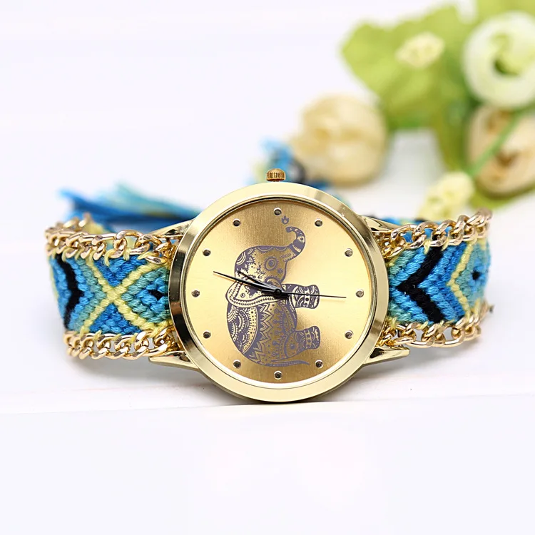 Мода СЛОН Многоцветный Ткань группа Для женщин кварцевые наручные часы в народном стиле Стиль Для женщин часы-браслет ручной работы Reloj Mujer
