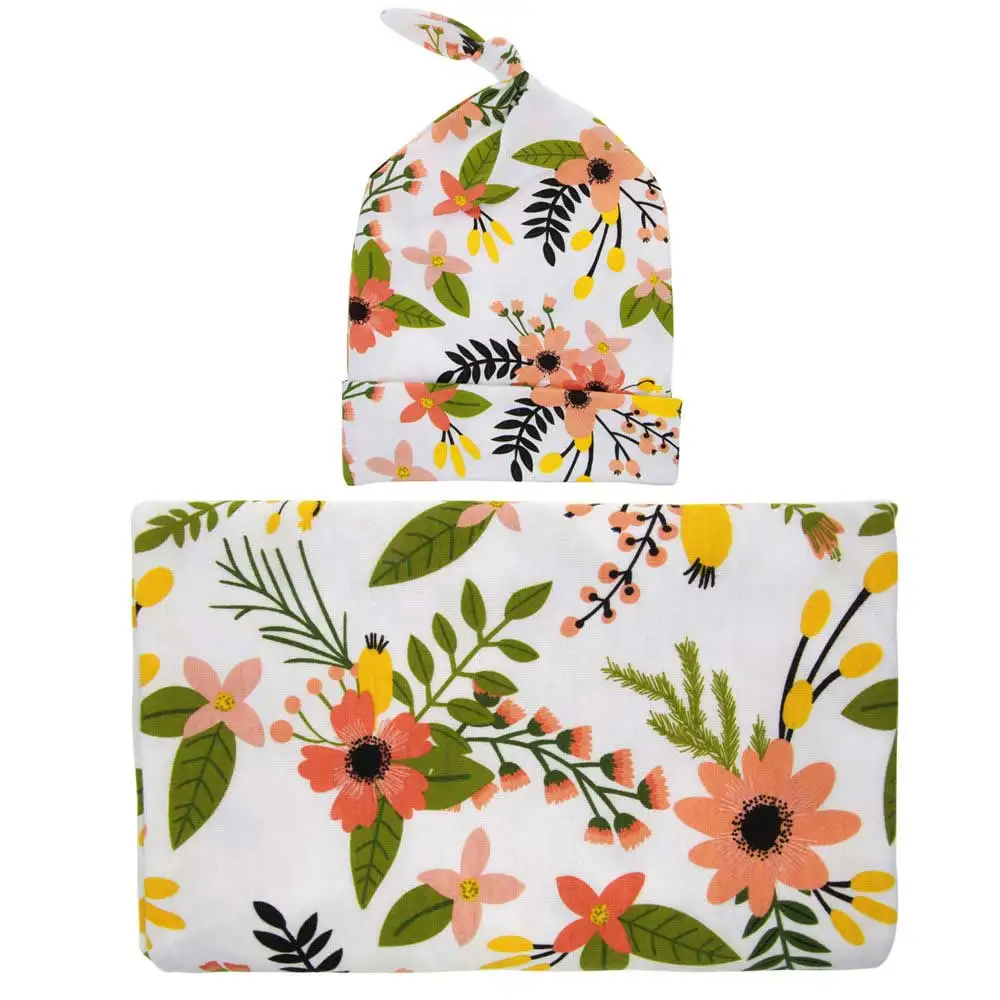Baby Blankets Set Swaddle+Newborn Cap Baby Floral Swaddle For Newborns