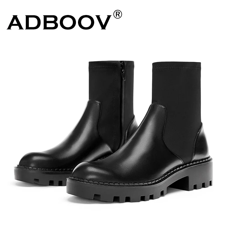 

ADBOOV Black Ankle Boots Women Low Heel Zip Chelsea Boots Round Toe Platform Leather Martin Boots Ladies Zapatos De Mujer