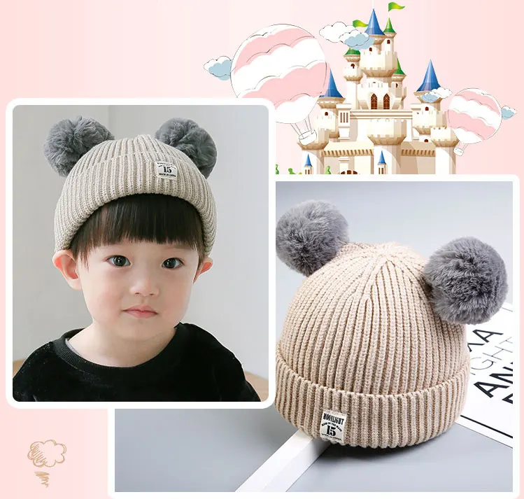 hats for girls winter hats for girls boys caps children cap kids hat knitted ear cap cat hat fleece hat two ears pom pom hat  (4)