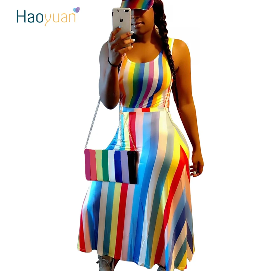 

HAOYUAN Sexy Dresses Women Summer New Strap O-Neck Multicolor Stripe Printed Party Club Dress Sleeveless Casual Long Maxi Dress