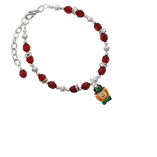 Silvertone Small Leprechaun with Bow Tie Maroon Beaded Bracelet