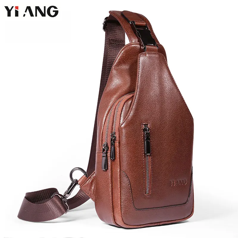 

YIANG Vintage Chest Bag Men Chest Pack Single Shoulder Strap Back Bags Genuine Leather Crossbody Bags Tablet Messenger Bag