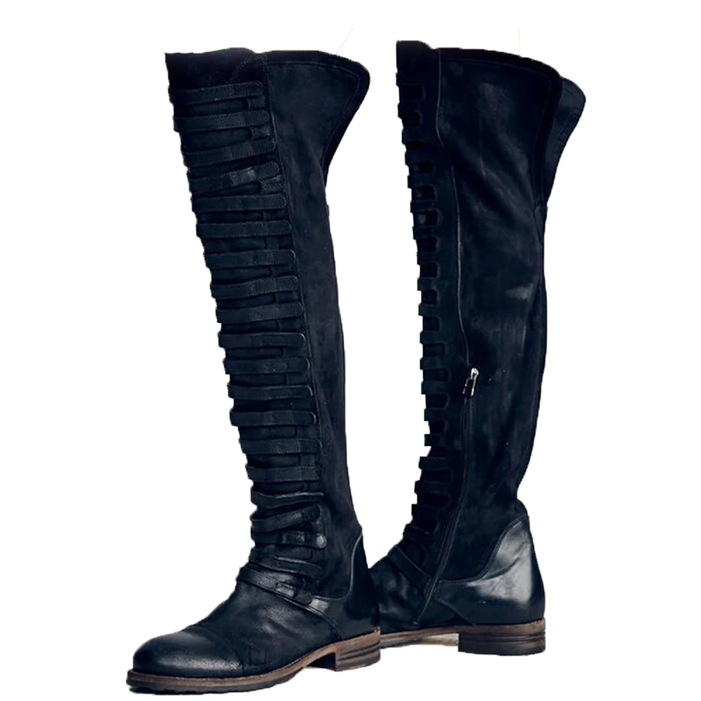 YJSFG/домашние женские зимние сапоги; винтажные Сапоги выше колена из искусственной кожи; замшевая зимняя обувь на каждый день; высокие сапоги на низком каблуке с круглым носком - Цвет: Черный