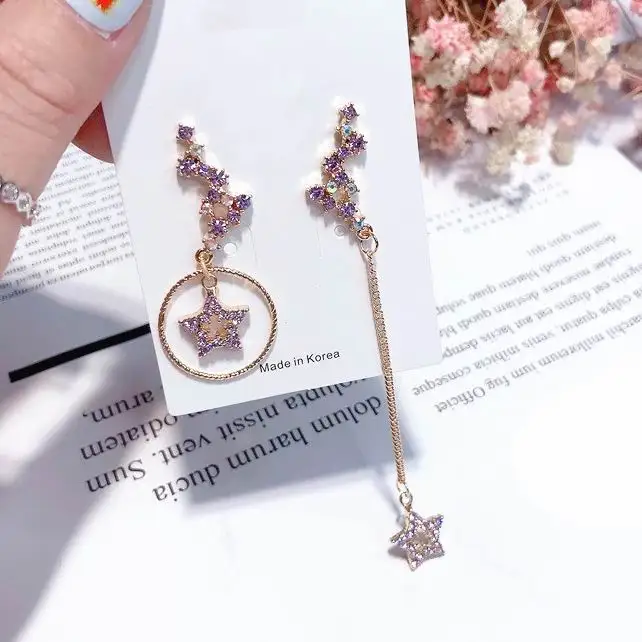 

Purple Crystal Cute Star Asymmetric Earrings For Women Metal Circle Tassel Long Earings Fashion Jewelry Wholesale