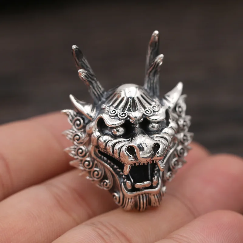 

925 Sterling Silver Retro Chinese Dragon King Head Open Ring Men Thai Silver Animal Adjustable Finger Ring ZY205