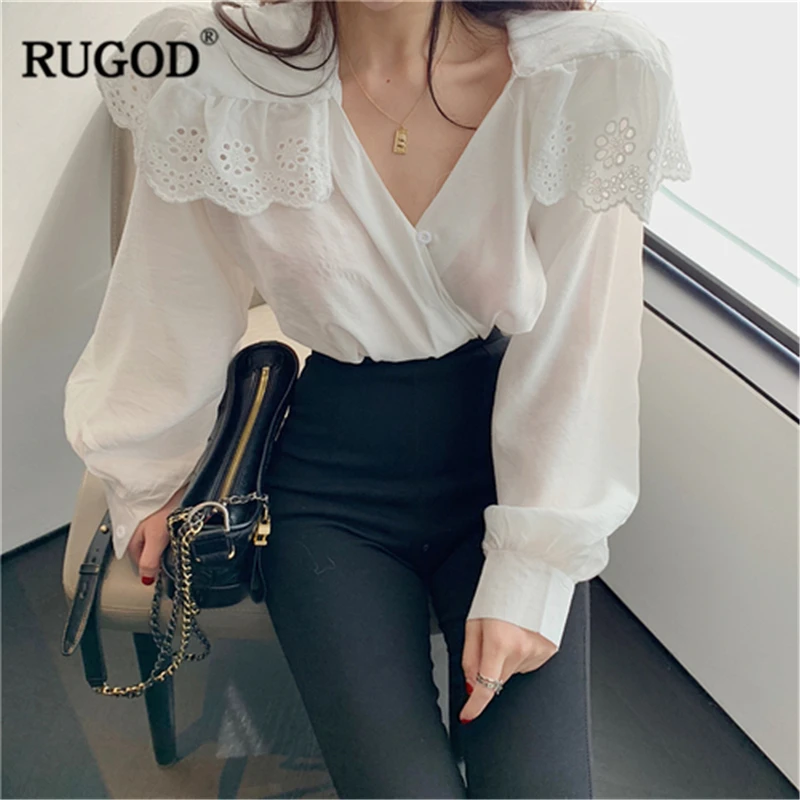 

RUGOD V neck women blouses lantern sleeves elegant lace ruffled slim spring casual cotton office ladies wearing modis female top