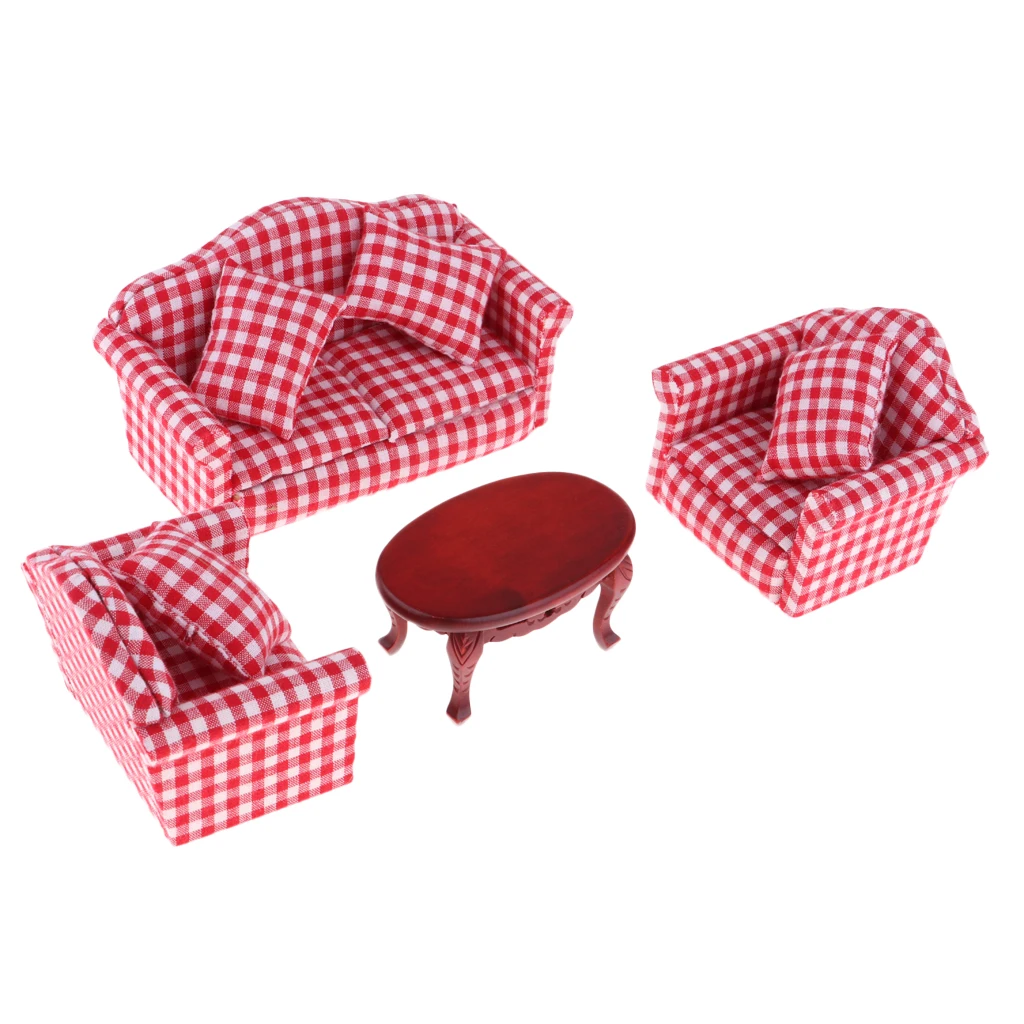 1/12 Dollhouse Miniature Living Room Furniture Decor Red Plaid Sofa Couch & Oval Tea Table Set Kids Pretend Play Toy