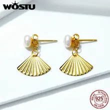 WOSTU серьги-гвоздики из тонкой золотой раковины и пресноводного жемчуга, 925 пробы серебряные крошечные серьги для женщин, свадебные ювелирные изделия FIE596