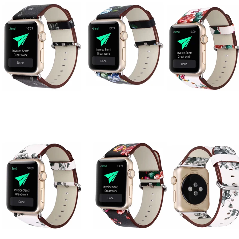 

Floral Printed Leather Watch Band Strap for Apple Watch 42/38mm 40mm 44mm Flower Wrist Watch Bracelet for iwatch series1/2/3/4