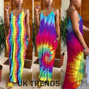 

Women Boho Floral Long Dress Party Holiday Summer Beach Sundress Rainbow Color Dress