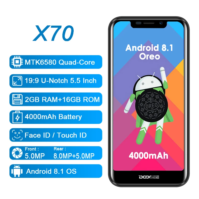DOOGEE X70 3G Smartphone 5.5 Inch Notch Android 8.1 Face ID Fingerprint 4000mAh 2GB+16GB Mobile Phone 8MP Dual Camera Cellphone
