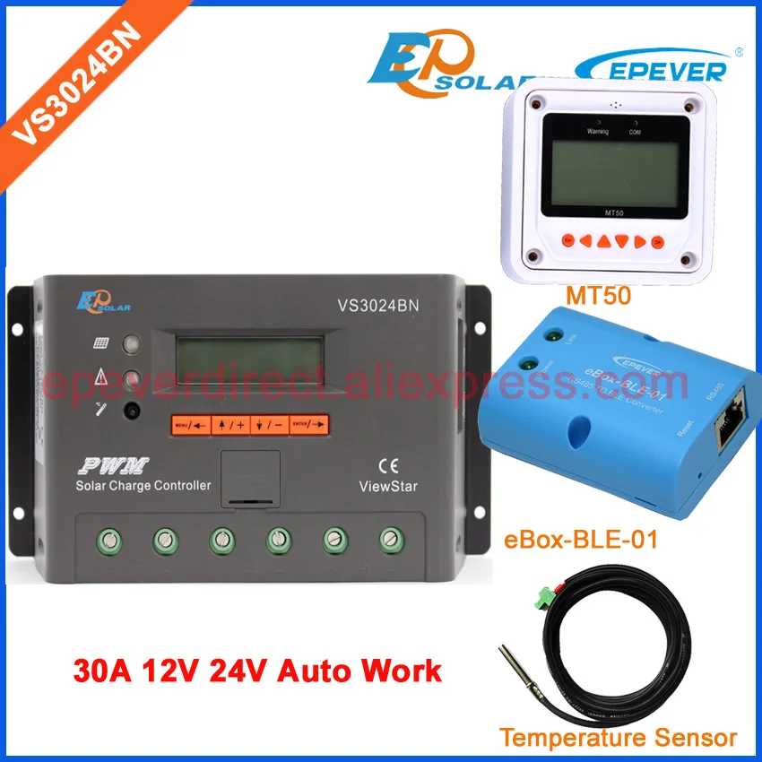 

Solar PWM power battery charger VS3024BN EPSolar eBOX-BLE-01 and Temp sensor 30A 24V 12V system work MT50 remote meter