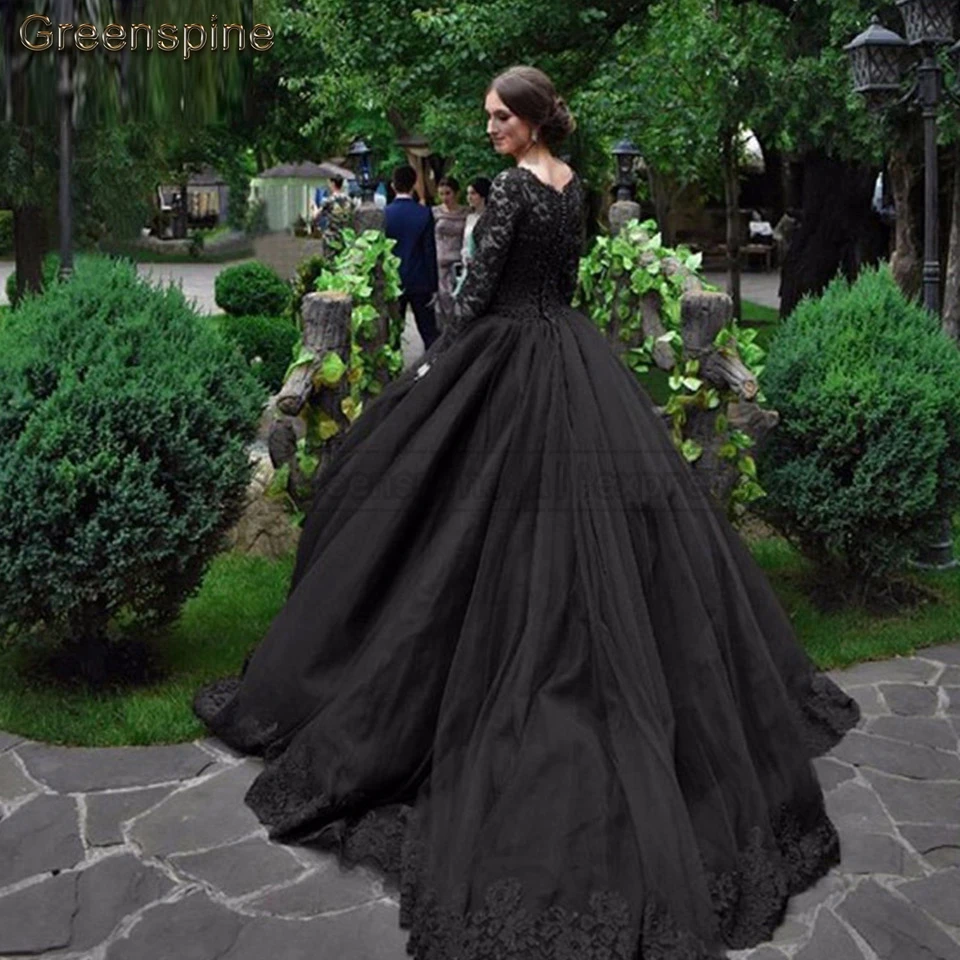 Greenspine Винтаж черное свадебное платье одежда с длинным рукавом Vestido де Novia пышное свадебное платье из тюля кружевная Апликация свадебные платья