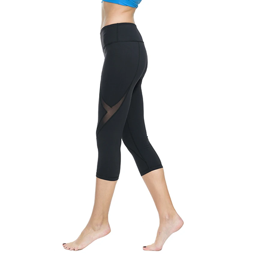 Women Sexy Calf Length Pant Fitness Mesh T Splice Sports Yoga Running