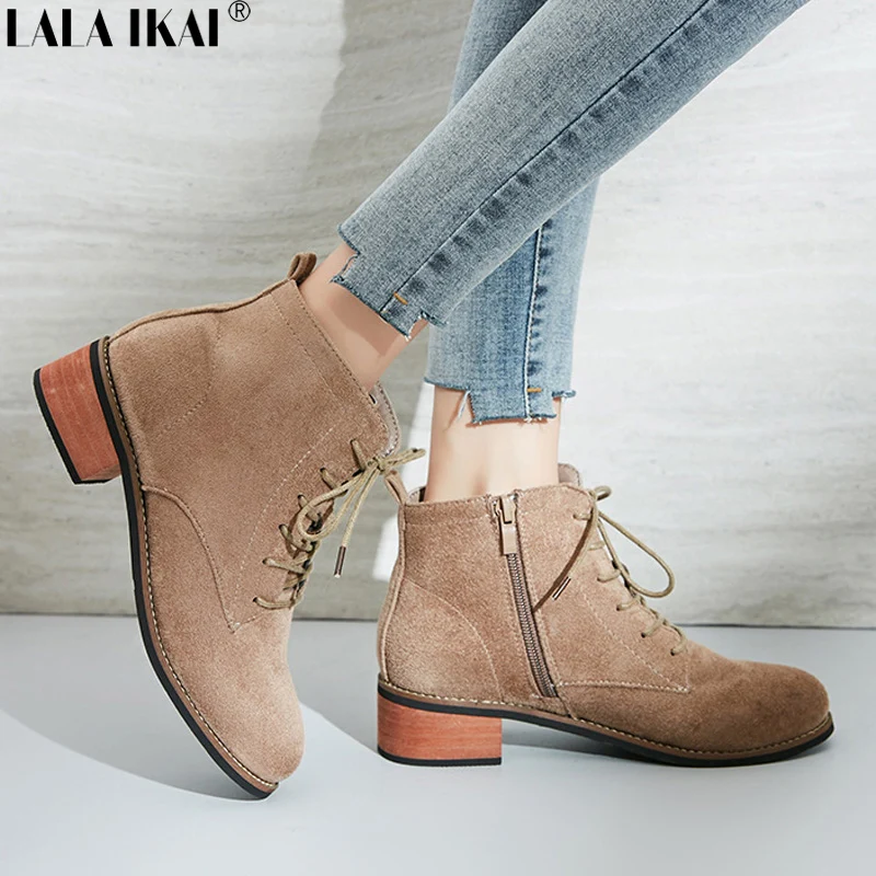 

LALA IKAI Women Boots Autumn Cross-tied Ankle Boots Round Toe Square Heels Vintage Riding Zipper Ladies Boots XWC2675-5