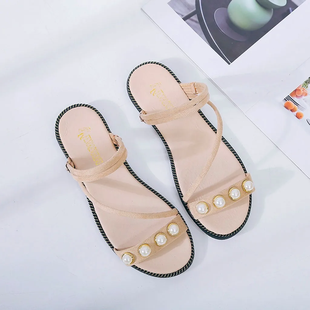 

2019 New Women's Open Toe Pearl Flat Beach Walk Shoes Wild Bohemian Sandals Outdoor Comfortable Slippers Sandalia Feminina 30