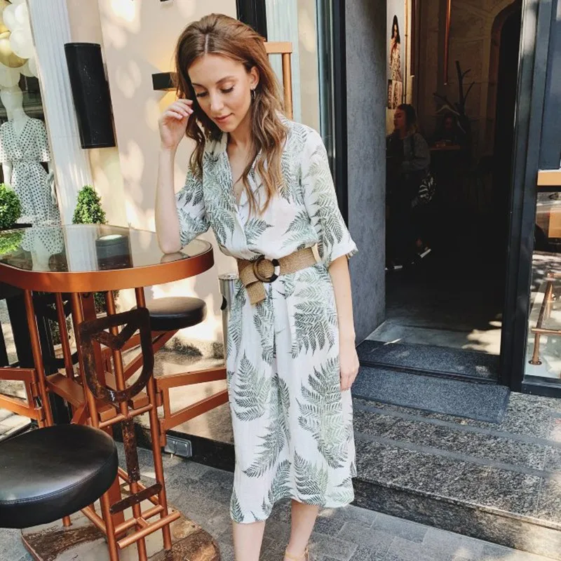 

BEFORW 2019 Women Casual Dress Autumn Vintage Fashion Print Sashes Suit CollarDress Ladies Five Minute Sleeve Office Midi Dress