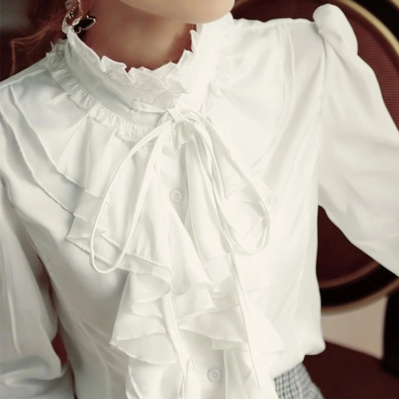 Женская рубашка Лолиты с длинным рукавом и стоячим воротником, шифоновые блузки с оборками, новинка, женская рубашка с бантом, Королевский стиль, Готическая рубашка