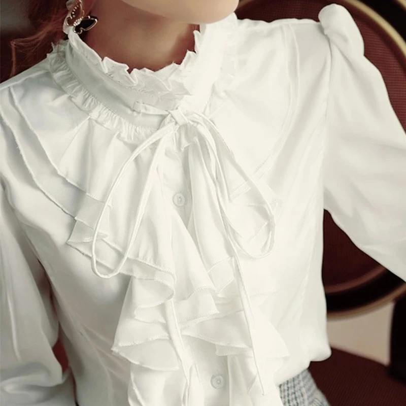 Women Lolita Shirt Long Sleeve Stand Collar Chiffon Blouses With Ruffles New 2018 Ladies Bow Shirt Royal Style Gothic Shirt