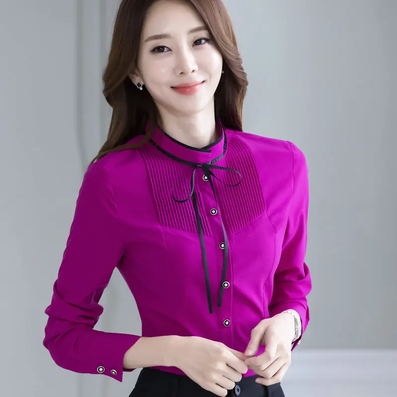 

2018 Spring long sleeve stand collar bow shirts women work wear office OL shirts lady formal body shirts women bow blouse tops