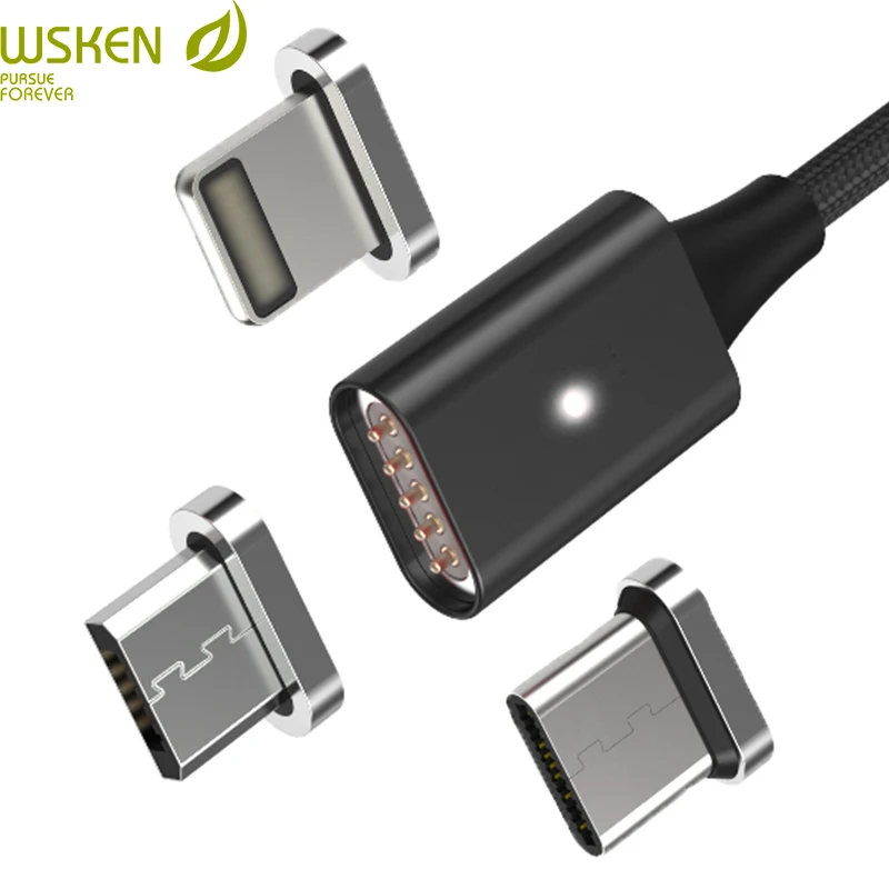 Enchufes de Cable magnético WSKEN Lite1, Cable de carga rápida Micro USB tipo C Cable de cargador magnético USB para iPhone X 8 Cable USB C 1 m