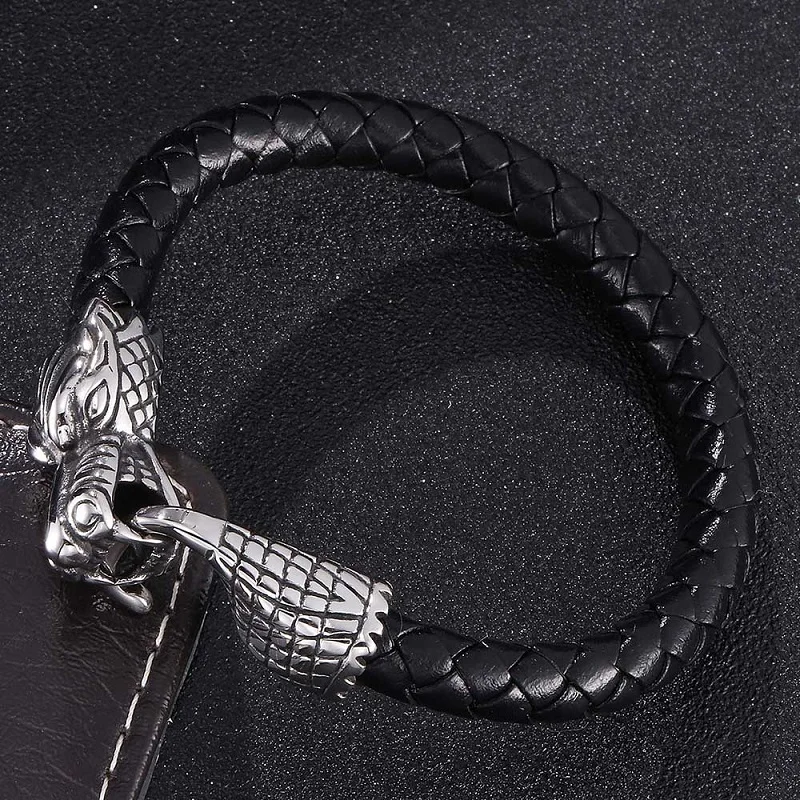 

New Personality Black/Brown Leather Woven Bracelet Men Stainless Steel Easy-Hook Braided Bracelets Male Wrist Band Gifts ST0385