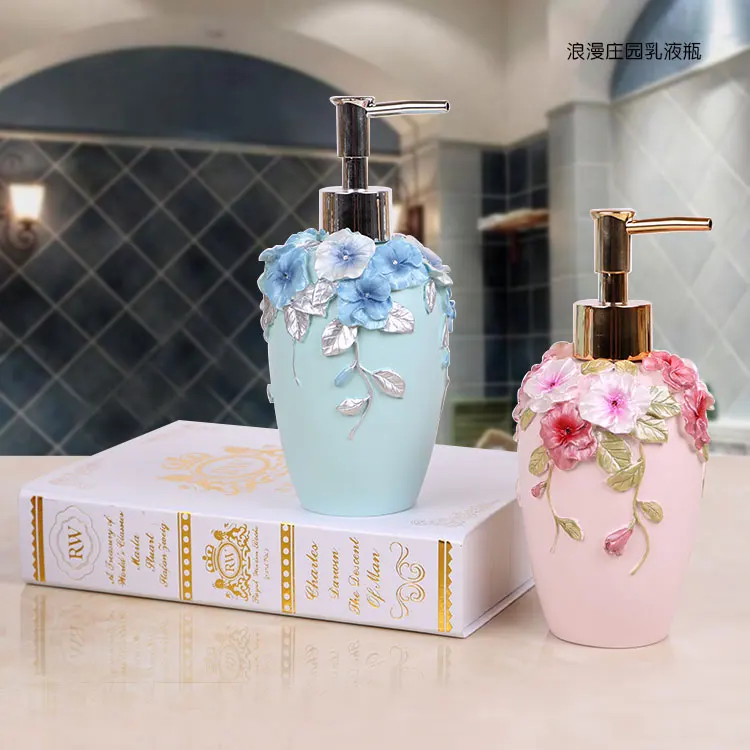 Цветочный дизайн смолы ванная комната ручной насос дозатор жидкого мыла изысканный отель лосьон бутылка шампуня диспенсер