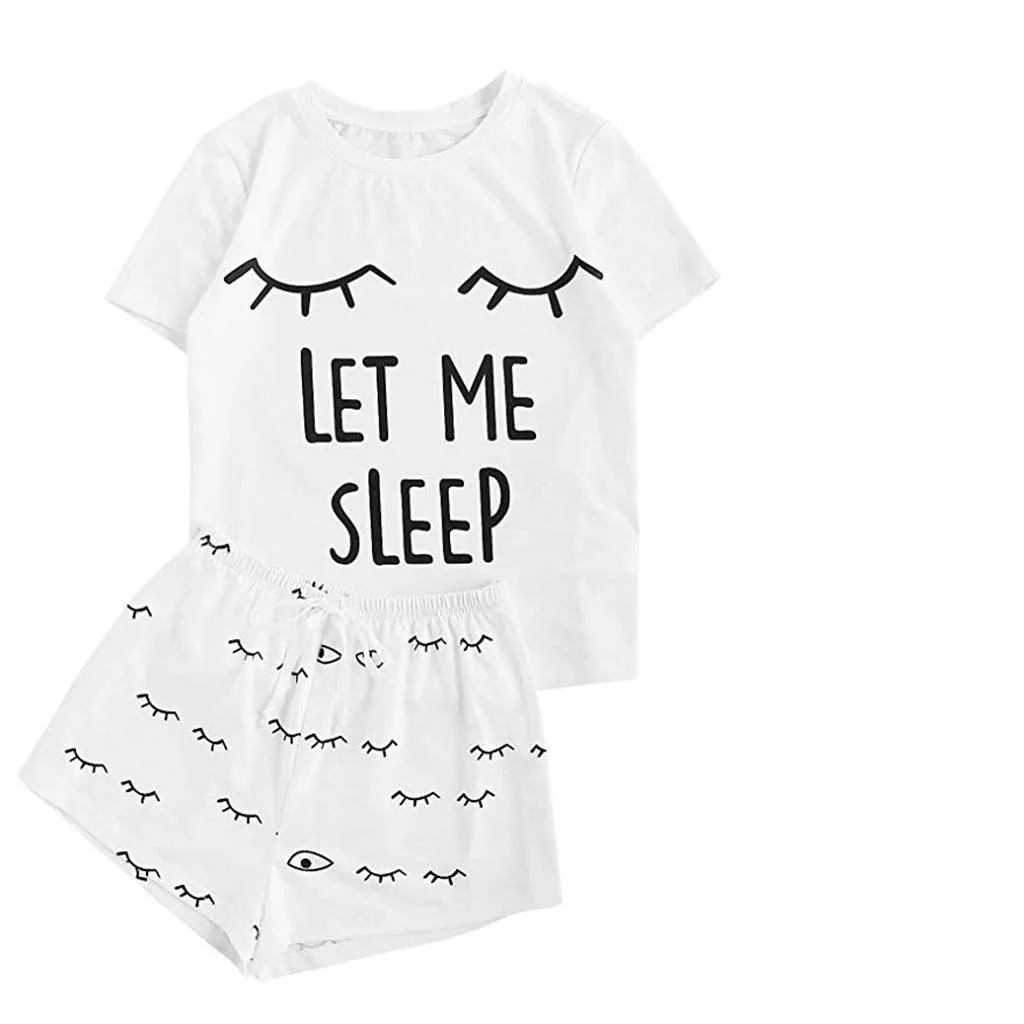 2 Piece Cute Set Women's Casual Shorts Short Sleeve Ruffled T-Shirt Casaul Sleepwear Nightwear Set With Cat Smile Print