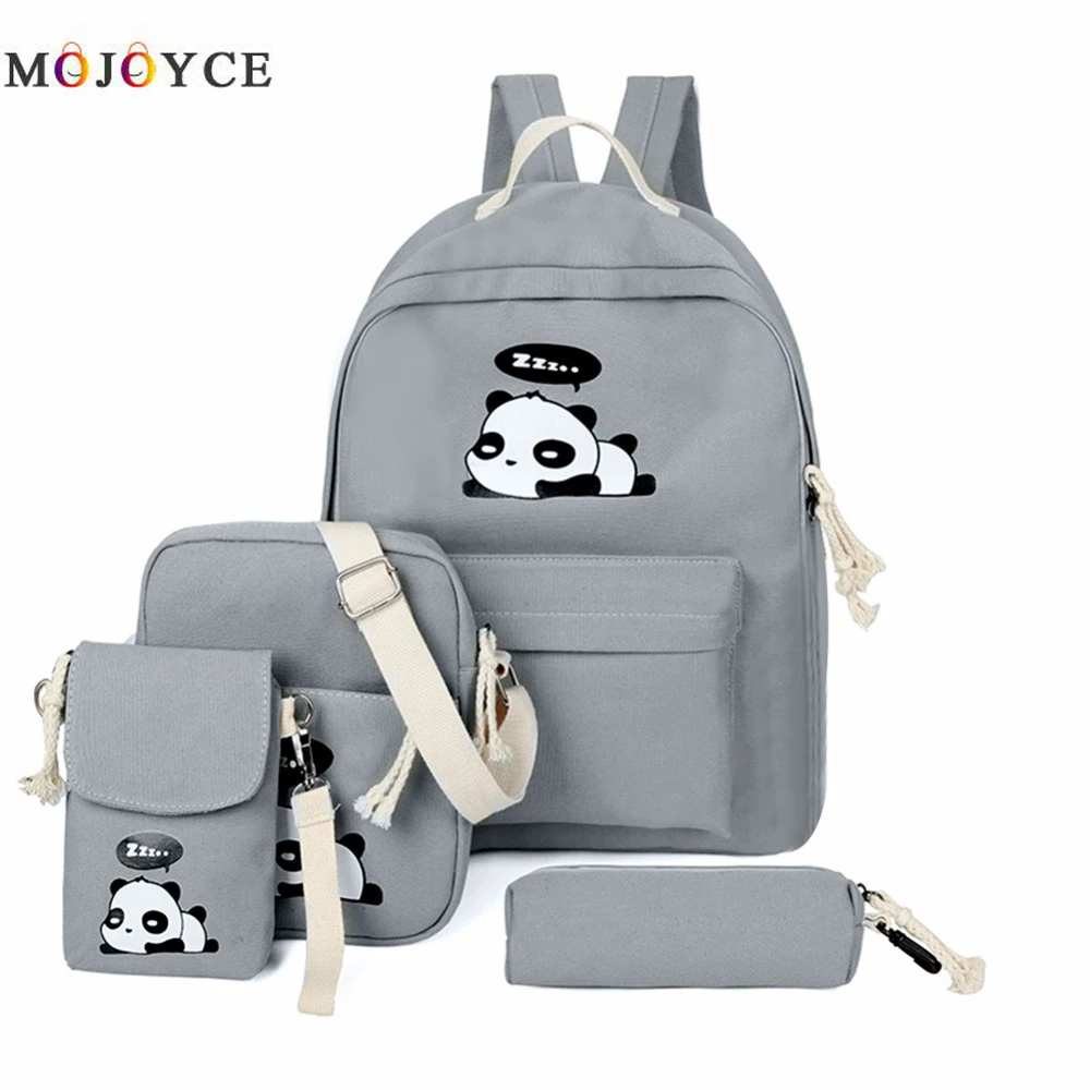 ##BUY 4pcs Set Canvas Women Backpack Girls Cute Panda Print Student School Backpack Shoulder Teenagers Book Bagpack Mochila Feminina