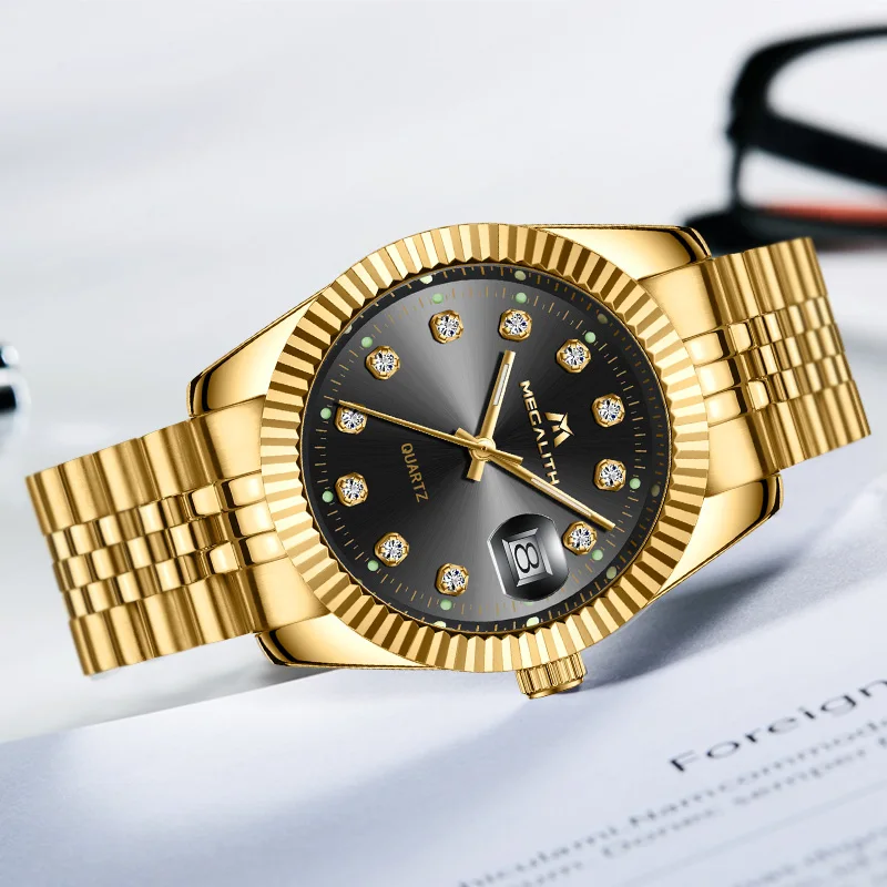 MEGALITH роскошные часы для мужчин водонепроницаемый Дата аналоговые золотые кварцевые часы унисекс часы Бизнес повседневные наручные часы Relogio Masculino