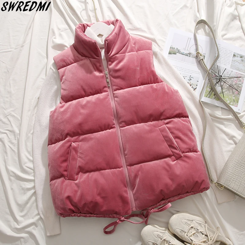 

SWREDMI Winter Vest Women Autumn Short Stand Collar Velvet Cotton Vest Female Outwear Waistcoat Solid Zipper Sleeve Jacket Coat