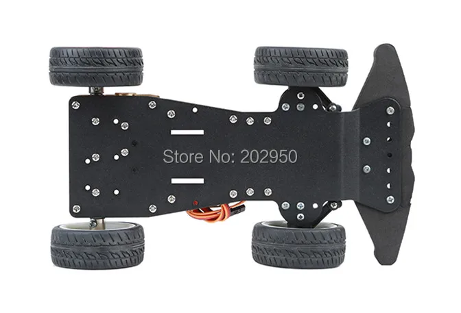 Châssis assemblé montrant le servo MG996R et les composants du kit robotique 4WD.