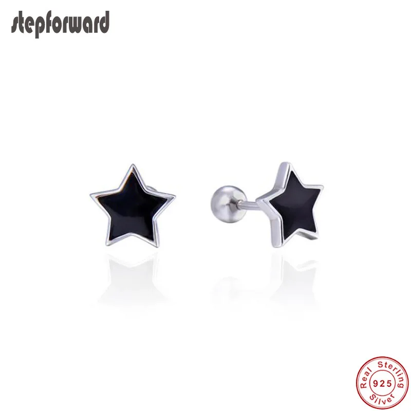 Popular Good Quality Black Enamel Mini 925 Real Silver Star Stud Earrings
