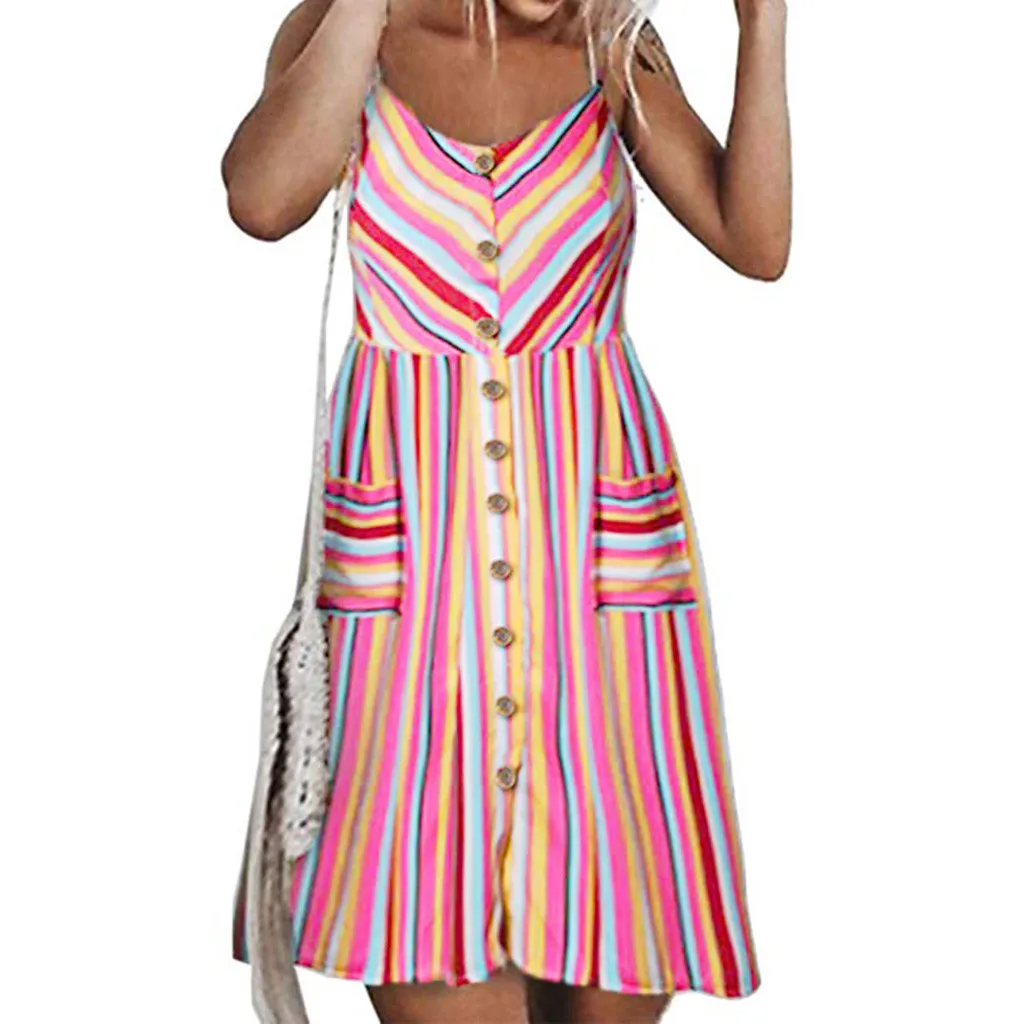 JAYCOSIN платье женская летняя полоса кнопка для ремешка подпушка качели Миди elbise дамы повседневное карманов Спагетти ремень платья для