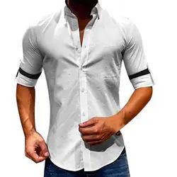 Летняя Повседневная красивая рубашка с отворотом из хлопка, Мужская однотонная деловая рубашка с длинными рукавами и пуговицами, топы