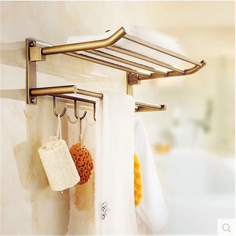 

European Antique Bathroom Towel Rack Brass Finished Towel Rail/ Towel Bar Shelf Bathroom Accessories 5 Hooks Wall Mounted Ua29