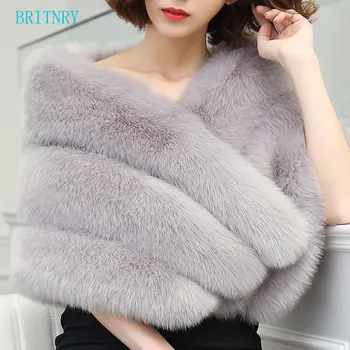 

BRITNRY New Arrival Elegant Fur Wrap Ivory Red Grey Black Cape Fuax Fur Shrugs for Women Real Photos Wedding Coat
