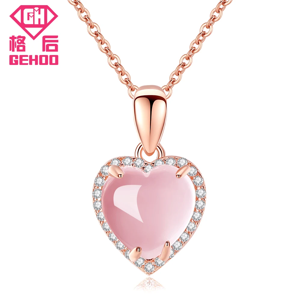 

GEHOO Women Fine Jewelry Pink Love Heart Rose Quartz Pendant Necklace Charm 925 Sterling Silver Rose Gold Chain Choker Romantic