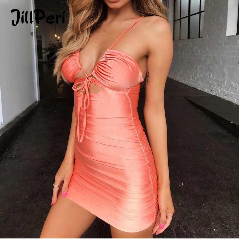 JillPeri сексуальное мини-платье с глубоким v-образным вырезом и рюшами модное