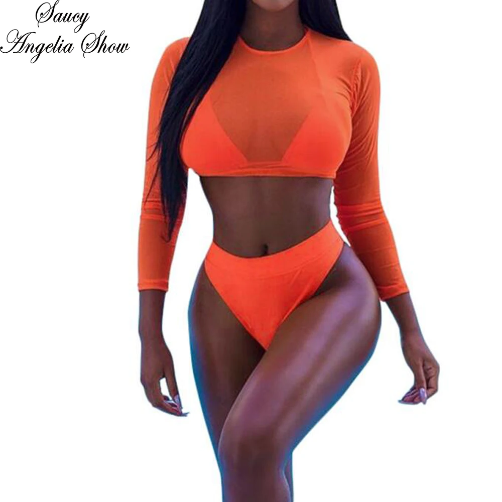 

SAUCY ANGELIA Women Halter Top Bikinis Sexy Long Sleeve Mesh Swimsuit See Through Lace Thong Swimwear High Waist Bathing Suits
