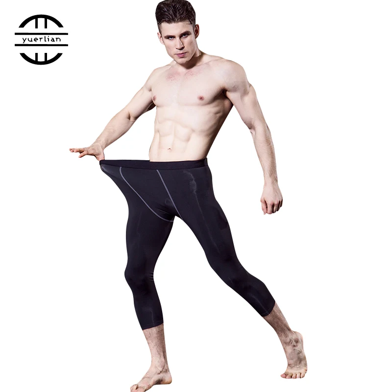 Yuerlian Polyester Gym 3 4 Leggings Men Size L Compression font b Fitness b font Tight